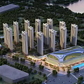 Modern High Rise Residential Buildings With Greenery River And Community Center