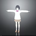 Child With Blue Gray Hair White Sweater Pink Bow Brown Pleated Skirt Arms Outstretched