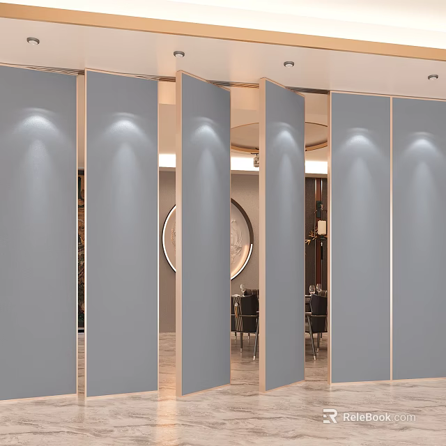 Modern Banquet Hall Interior With Elegant Partitions Circular Decor And Lighting 3d model