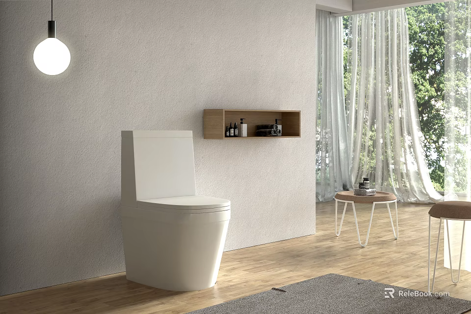 White Toilet in Modern Bathroom with Gray Wall Wooden Shelf Window Curtains and Green Plants 3d model 
