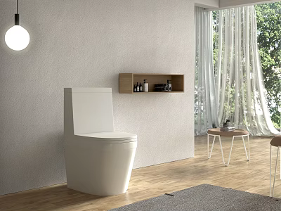 White Toilet in Modern Bathroom with Gray Wall Wooden Shelf Window Curtains and Green Plants 3d model