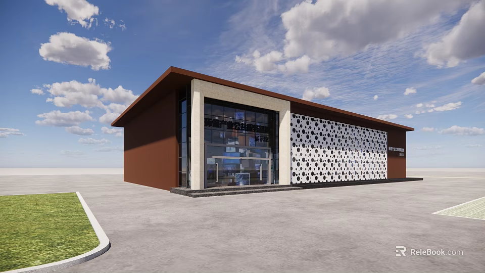Modern Building Exterior With Brown Walls Glass Facade Geometric Pattern And Concrete Ground 3d model 