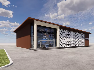 Modern Building Exterior With Brown Walls Glass Facade Geometric Pattern And Concrete Ground 3d model