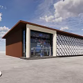 Modern Building Exterior With Brown Walls Glass Facade Geometric Pattern And Concrete Ground