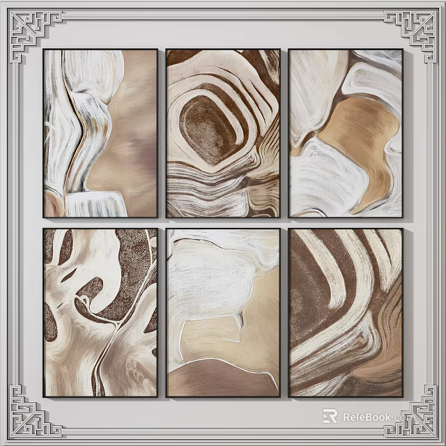 Modern Abstract Paintings With Brown White Beige Swirls And Framed Six Panel Design 3d model 