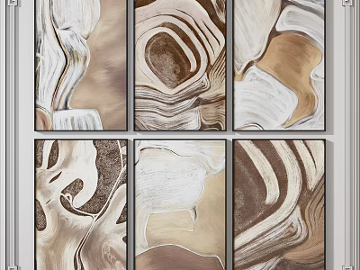 Modern Abstract Paintings With Brown White Beige Swirls And Framed Six Panel Design 3d model