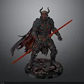 Man in Demonic Armor With Horns Red Longsword and Cloak on Rock Base