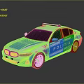 Modern White And Blue Police Sedan With Yellow Stripes And Roof Emergency Lights