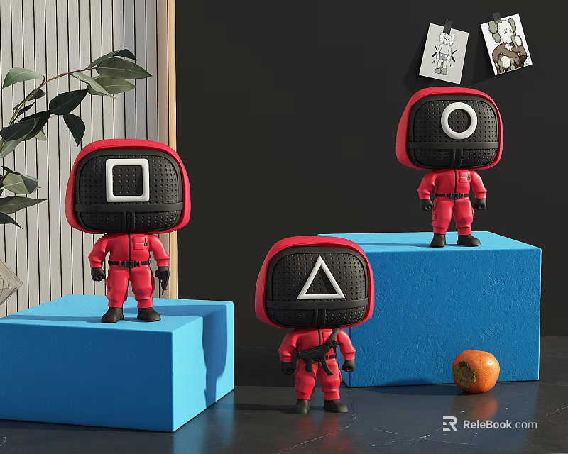 Toy Figures in Red Outfits With Square Circle Triangle Heads Standing on Blue Blocks 3d model 