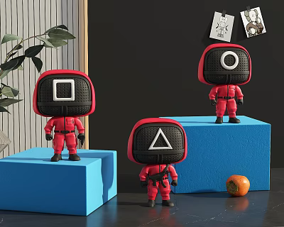 Toy Figures in Red Outfits With Square Circle Triangle Heads Standing on Blue Blocks 3d model