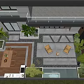 Modern Courtyard Garden With Water Fountain Wooden Deck Outdoor Dining Table And Lounge Chairs