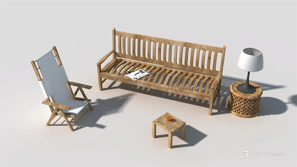 Wooden Slatted Sofa And Small Coffee Table Set With Folding Chair And Lamp 3d model 