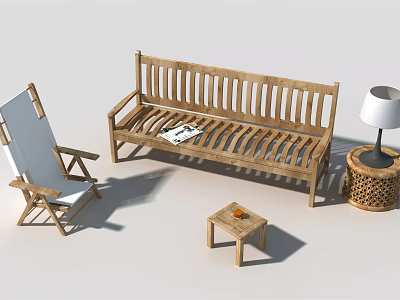 Wooden Slatted Sofa And Small Coffee Table Set With Folding Chair And Lamp 3d model
