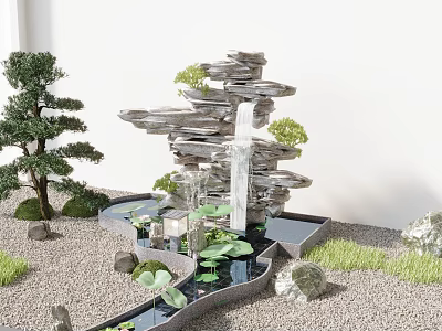 Natural Looking Rockery Stones with Waterfall Small Pond and Green Plants on Gravel Ground 3d model
