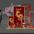 2024 Chinese New Year Photo Spot With Golden Dragon Red Lanterns And Peach Blossom Tree