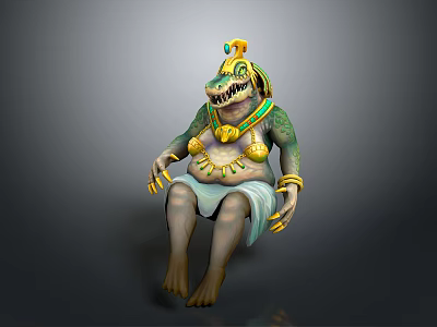 Game Movie Character Crocodile With Egyptian Style Crown Golden Accessories Green Skin Seated Pose 3d model
