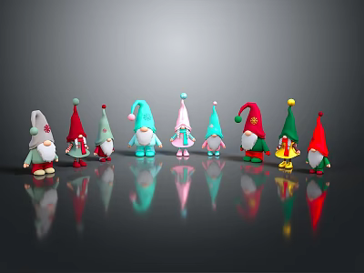 Colorful Garden Gnomes With Various Colored Hats And Clothes Arranged On Black Reflective Surface 3d model