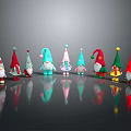 Colorful Garden Gnomes With Various Colored Hats And Clothes Arranged On Black Reflective Surface