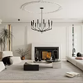 Modern Minimalist Living Room With Decorative Ceiling Black Chandelier Fireplace White Sofa Plants And Rug
