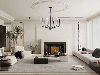 French Living Room Middle Ancient Home Living Room Multi-person Sofa Leisure Chair Fireplace Gypsum Line Chandelier 3d model