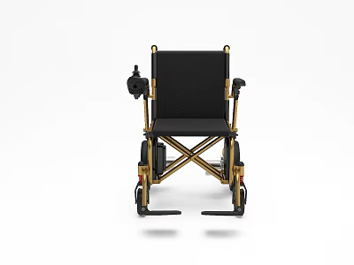 Medical Device Foldable Wheelchair With Black Seat Golden Frame Armrests And Footrests 3d model