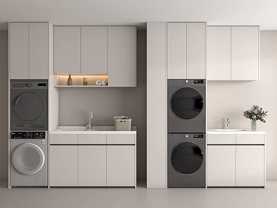Modern Laundry Room Cabinetry Design With White Cabinets Washing Machine Dryer And Sink 3d model