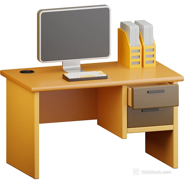 Modern Office Electronics Setup with Computer Monitor Keyboard and File Organizers on Wooden Desk 3d model 