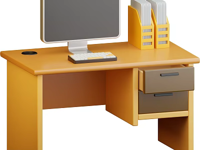 Modern Office Electronics Setup with Computer Monitor Keyboard and File Organizers on Wooden Desk 3d model