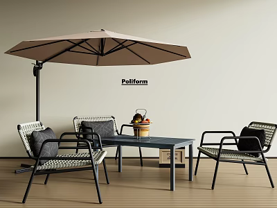 Outdoor Rattan Chairs with Black Frame and Coffee Table Under Beige Parasol on Wooden Floor 3d model