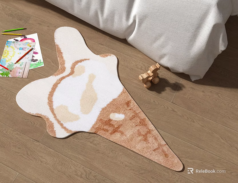 Ice Cream Cone Shaped Rug in Kids Room with Wooden Blocks and Colorful Pencils 3d model 