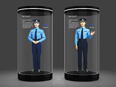 Open Interactive Zone With ZHICHENG Transparent Cylindrical Display Cases And Blue Uniform Figure Models 3d model