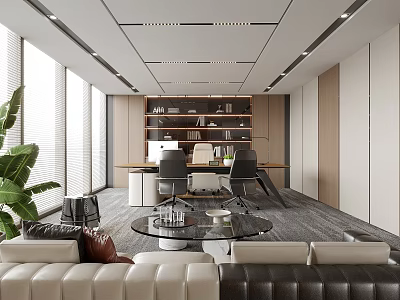 Modern Office Interior With Large Windows Leather Sofa And Wooden Bookshelf 3d model