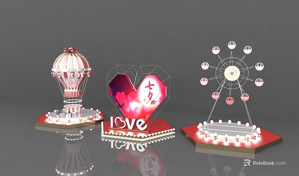 Chinese Valentine's Day Decorative Set With Hot Air Balloon Heart Ferris Wheel And LOVE Lettering 3d model 