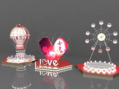 Chinese Valentine's Day Decorative Set With Hot Air Balloon Heart Ferris Wheel And LOVE Lettering 3d model