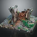 Wooden Stumps On Stone Base Natural Scene Model Featuring Green Plants And Moss Details
