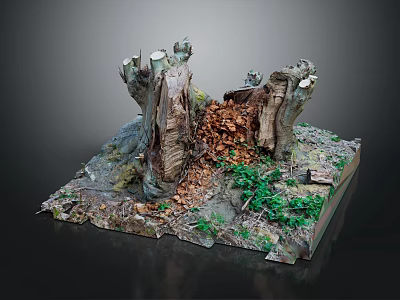 Wooden Stumps On Stone Base Natural Scene Model Featuring Green Plants And Moss Details 3d model