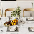 Modern Dining Table Set with Wooden Chairs Pendant Lights Plants and White Cabinets