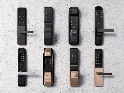 Various Smart Door Handles With Digital Keypads In Black And Gold Colors 3d model