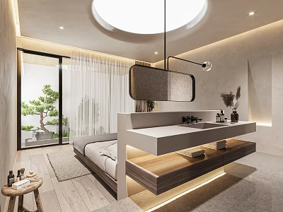 Modern Wabi Sabi Style Bedroom With Floating Washstand And Tranquil Outdoor Courtyard Landscape Design 3d model