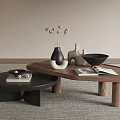 Modern Wooden Coffee Table with Black Accent Table Vase with Dried Flowers Bowl and Magazine