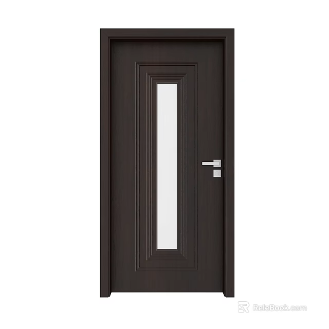 Dark Brown Hinged Door With Vertical Glass Panel And Silver Handle 3d model