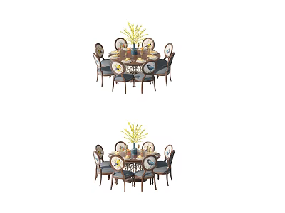 Classic Round Dining Table Set With Six Padded Chairs Wooden Surface And Flower Arrangement Centerpiece 3d model