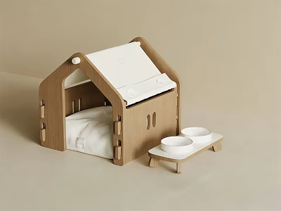 Wooden House Shaped Pet Bed With Two White Bowls And Soft Cushion 3d model