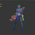 Detailed Colorful 3D Female Character With Blue Hair Purple Pink Outfit And Mechanical Weapon