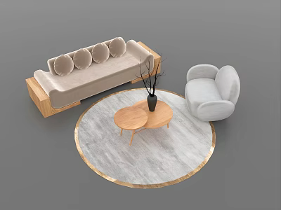 Modern Sofa and Nested Wooden Coffee Tables Set with Accent Chair Round Rug and Vase 3d model
