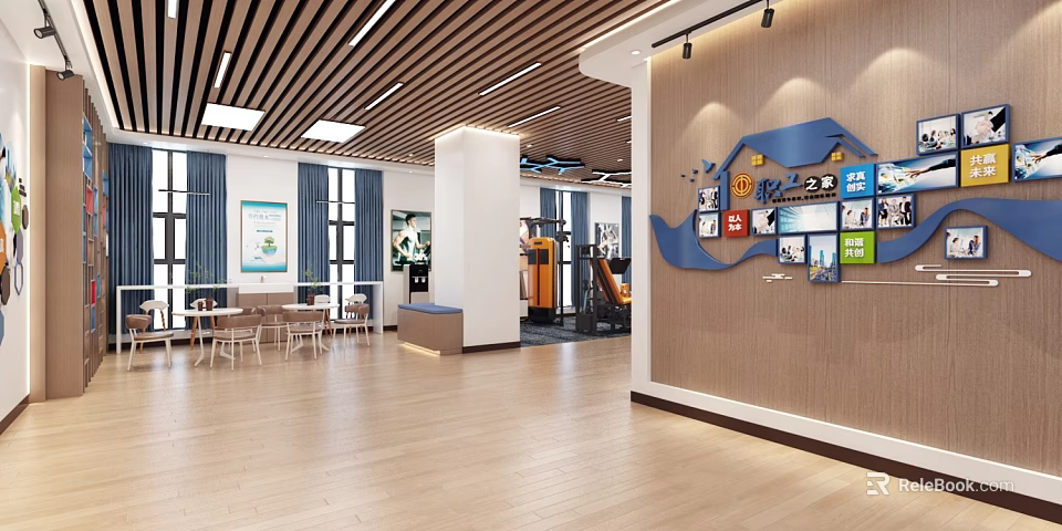Modern Activity Room With Wooden Flooring Ceiling Strips And Blue Wall Decor Icons 3d model 