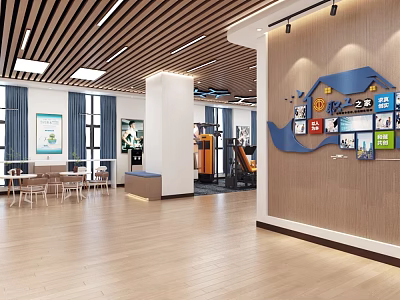 Modern Activity Room With Wooden Flooring Ceiling Strips And Blue Wall Decor Icons 3d model