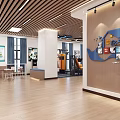 Modern Activity Room With Wooden Flooring Ceiling Strips And Blue Wall Decor Icons