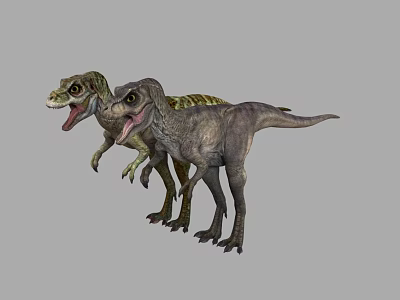 Realistic 3D Model of Two Dinosaurs with Open Mouths and Detailed Skin on Grey Background 3d model