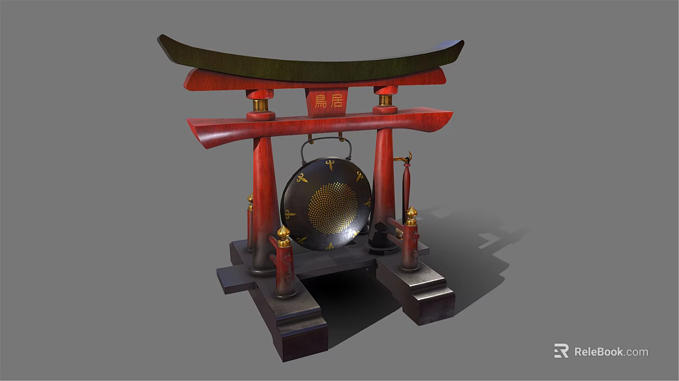 Traditional Chinese Memorial Archway Red Wooden Structure With Golden Decorations And Hanging Bell 3d model 